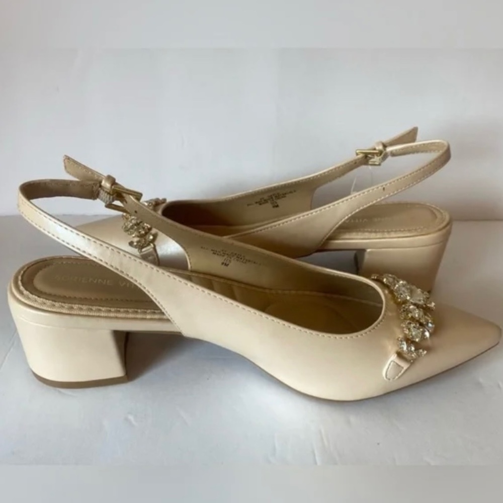 2 inch blush nude block heel wedding shoes Vintage Jewel Pointed Toe Slingback